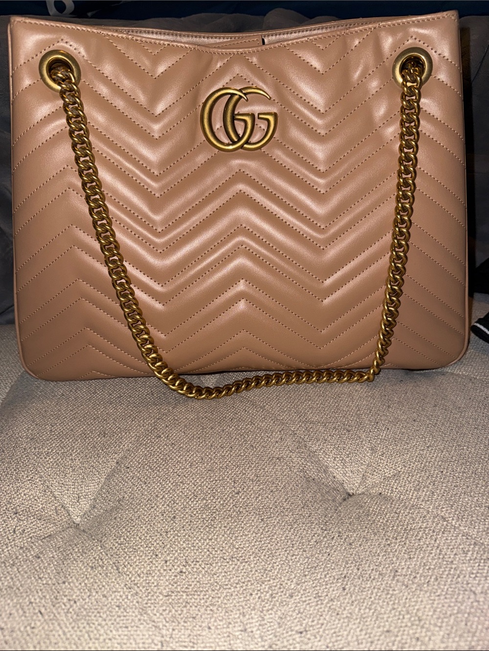 Gucci -Tan Chevron Quilted Shoulder Bag with Gold Hardware